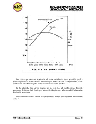 Los valores que expresan la potencia del motor (caballos de fuerza y torsión) pueden
variar dependiendo de los métodos utilizados para medirlos (esto es, dependiendo de las
condiciones estándares, bajo las cuales fueron realizadas las pruebas).
En la actualidad hay varios sistemas en uso por todo el mundo, siendo los más
conocidos el sistema SAE (Society of Automotive Engineers) y el sistema DIN (Deutsches
Institut für Normung).
Los valores encontrados usando estos sistemas no pueden ser comparados directamente
entre sí.
MOTORES DIESEL Página 42
Potencia de salida
Torsión
1000 2000 3000 4000 5000 6000 7000 RPM
CURVA DE RESULTADO DEL MOTOR
 