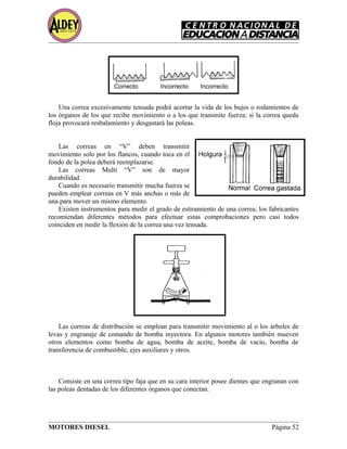 Una correa excesivamente tensada podrá acortar la vida de los bujes o rodamientos de
los órganos de los que recibe movimiento o a los que transmite fuerza; si la correa queda
floja provocará resbalamiento y desgastará las poleas.
Las correas en “V” deben transmitir
movimiento solo por los flancos, cuando toca en el
fondo de la polea deberá reemplazarse.
Las correas Multi “V” son de mayor
durabilidad.
Cuando es necesario transmitir mucha fuerza se
pueden emplear correas en V más anchas o más de
una para mover un mismo elemento.
Existen instrumentos para medir el grado de estiramiento de una correa; los fabricantes
recomiendan diferentes métodos para efectuar estas comprobaciones pero casi todos
coinciden en medir la flexión de la correa una vez tensada.
Las correas de distribución se emplean para transmitir movimiento al o los árboles de
levas y engranaje de comando de bomba inyectora. En algunos motores también mueven
otros elementos como bomba de agua, bomba de aceite, bomba de vacío, bomba de
transferencia de combustible, ejes auxiliares y otros.
Consiste en una correa tipo faja que en su cara interior posee dientes que engranan con
las poleas dentadas de los diferentes órganos que conectan.
MOTORES DIESEL Página 52
Correcto Incorrecto Incorrecto
 