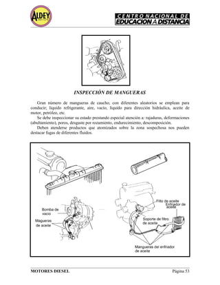 INSPECCIÓN DE MANGUERAS
Gran número de mangueras de caucho, con diferentes aleatorios se emplean para
conducir; líquido refrigerante, aire, vacío, líquido para dirección hidráulica, aceite de
motor, petróleo, etc.
Se debe inspeccionar su estado prestando especial atención a: rajaduras, deformaciones
(abultamiento), poros, desgaste por rozamiento, endurecimiento, descomposición.
Deben atenderse productos que atomizados sobre la zona sospechosa nos pueden
destacar fugas de diferentes fluidos.
MOTORES DIESEL Página 53
 