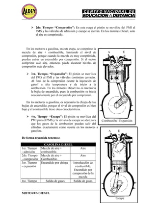  2do. Tiempo- “Compresión”: En esta etapa el pistón se moviliza del PMI al
PMS y las válvulas de admisión y escape se cierran. En los motores Diesel, solo
el aire es comprimido.
En los motores a gasolina, en esta etapa, se comprime la
mezcla de aire + combustible, limitando el nivel de
compresión, porque cuando la mezcla es muy comprimida,
pueden entrar en encendido por compresión. Si el motor
comprime solo aire, entonces puede alcanzar niveles de
compresión más elevados.
 3er. Tiempo- “Expansión”: El pistón se moviliza
del PMS al PMI y las válvulas continúan cerradas.
Al final de la compresión ocurre la inyección de
gasoil a alta temperatura y da inicio a la
combustión. En los motores Diesel no es necesaria
la bujía de encendido, pues la combustión se inicia
necesariamente por el encendido por compresión.
En los motores a gasolina, es necesario la chispa de las
bujías de encendido, porque el nivel de compresión es bien
bajo y el combustible tiene otras características.
 4to. Tiempo- “Escape”: El pistón se moviliza del
PMI para el PMS y la válvula de escape se abre para
que los gases de la combustión puedan salir del
cilindro, exactamente como ocurre en los motores a
gasolina.
De forma resumida tenemos:
GASOLINA DIESEL
1er. Tiempo
- admisión
Mezcla de aire +
combustible.
Aire
2do. Tiempo
- compresión
Mezcla de aire +
Combustible.
Aire
3er. Tiempo
- expansión
Encendido por chispa Introducción de
combustible.
Encendido por
compresión de la
mezcla
4to. Tiempo Salida de gases Salida de gases
MOTORES DIESEL Página 7
A E
Combustión - Expansión
A E
Escape
 