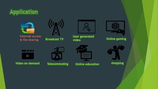 Internet access
& file sharing Broadcast TV
Video on demand
User generated
video
Telecommuting Online education shopping
Online gaming
 