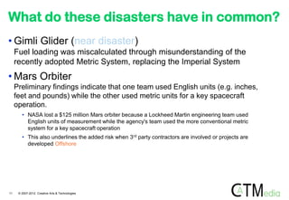 What do these disasters have in common?
• Gimli Glider (near disaster)
     Fuel loading was miscalculated through misunderstanding of the
     recently adopted Metric System, replacing the Imperial System
• Mars Orbiter
     Preliminary findings indicate that one team used English units (e.g. inches,
     feet and pounds) while the other used metric units for a key spacecraft
     operation.
        • NASA lost a $125 million Mars orbiter because a Lockheed Martin engineering team used
          English units of measurement while the agency's team used the more conventional metric
          system for a key spacecraft operation
        • This also underlines the added risk when 3 rd party contractors are involved or projects are
          developed Offshore




11    © 2007-2012 Creative Arts & Technologies
 