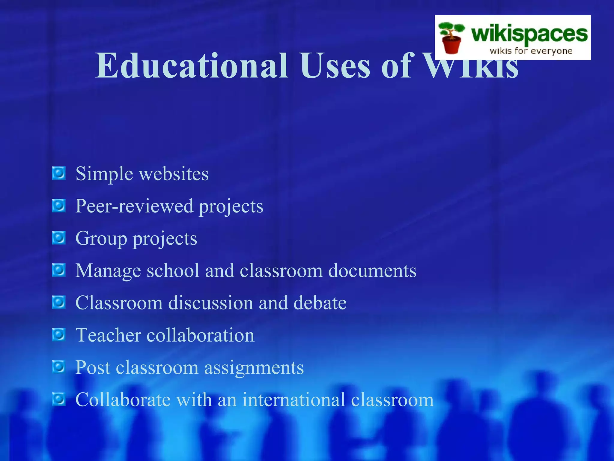 Educational Uses of WIkis Simple websites Peer-reviewed projects Group projects Manage school and classroom documents  Classroom discussion and debate Teacher collaboration Post classroom assignments Collaborate with an international classroom 