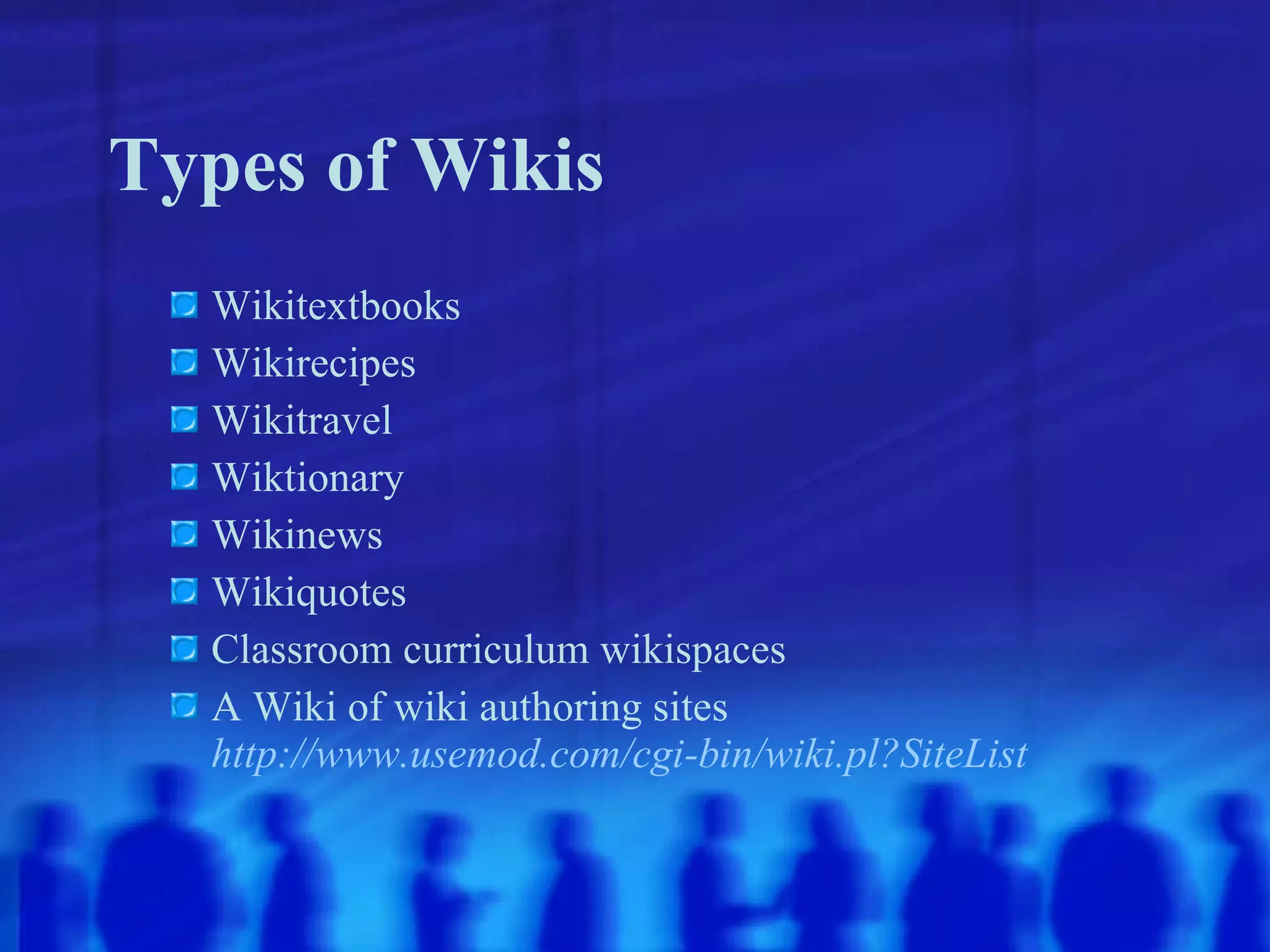 Types of Wikis Wikitextbooks Wikirecipes Wikitravel Wiktionary Wikinews Wikiquotes Classroom curriculum wikispaces A Wiki of wiki authoring sites http://www.usemod.com/cgi-bin/wiki.pl?SiteList 