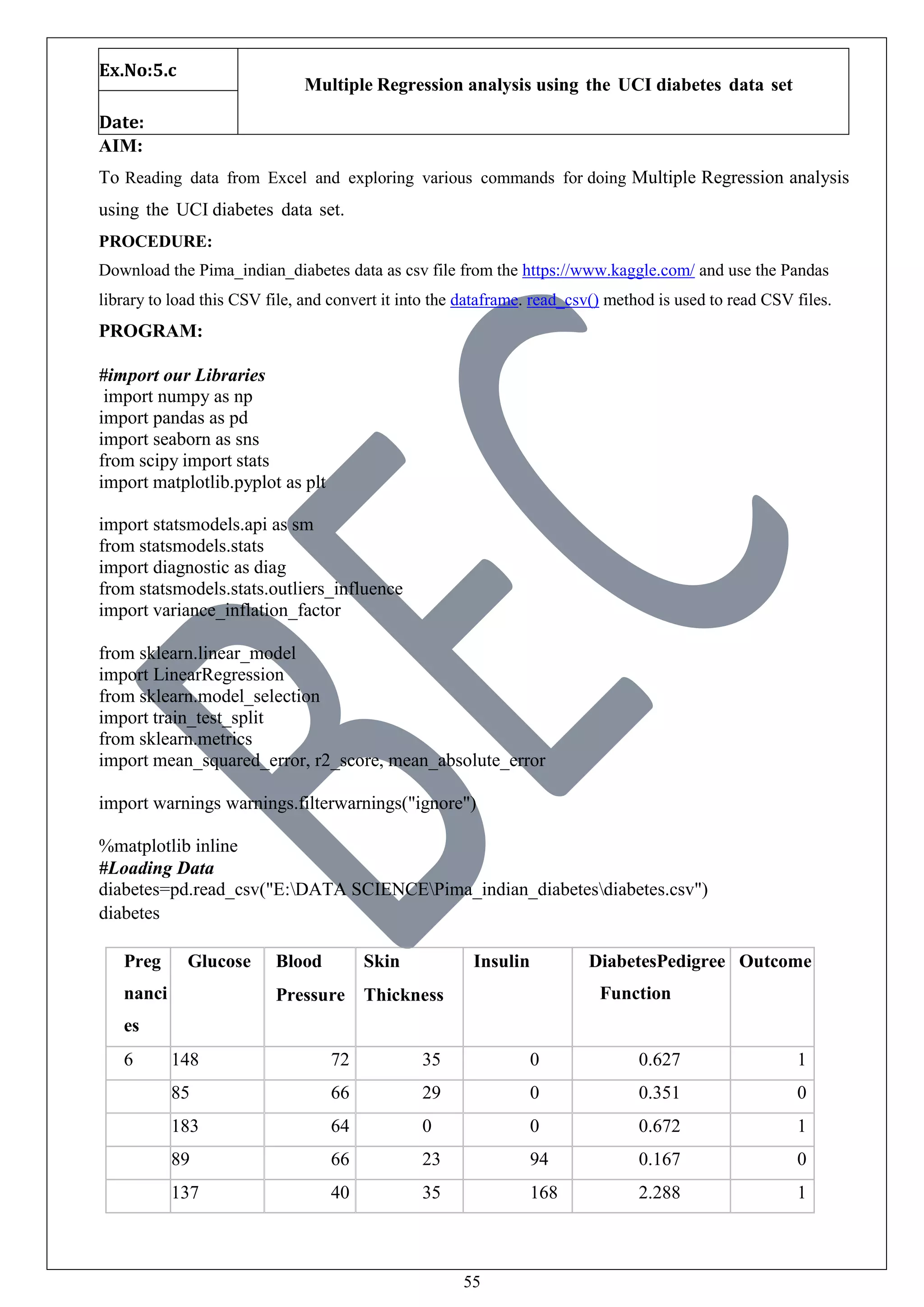 55
Ex.No:5.c
Multiple Regression analysis using the UCI diabetes data set
Date:
AIM:
To Reading data from Excel and exploring various commands for doing Multiple Regression analysis
using the UCI diabetes data set.
PROCEDURE:
Download the Pima_indian_diabetes data as csv file from the https://www.kaggle.com/ and use the Pandas
library to load this CSV file, and convert it into the dataframe. read_csv() method is used to read CSV files.
PROGRAM:
#import our Libraries
import numpy as np
import pandas as pd
import seaborn as sns
from scipy import stats
import matplotlib.pyplot as plt
import statsmodels.api as sm
from statsmodels.stats
import diagnostic as diag
from statsmodels.stats.outliers_influence
import variance_inflation_factor
from sklearn.linear_model
import LinearRegression
from sklearn.model_selection
import train_test_split
from sklearn.metrics
import mean_squared_error, r2_score, mean_absolute_error
import warnings warnings.filterwarnings("ignore")
%matplotlib inline
#Loading Data
diabetes=pd.read_csv("E:DATA SCIENCEPima_indian_diabetesdiabetes.csv")
diabetes
Preg
nanci
es
Glucose Blood
Pressure
Skin
Thickness
Insulin DiabetesPedigree
Function
Outcome
6 148 72 35 0 0.627 1
1
85 66 29 0 0.351 0
8
183 64 0 0 0.672 1
1
89 66 23 94 0.167 0
0
137 40 35 168 2.288 1
 