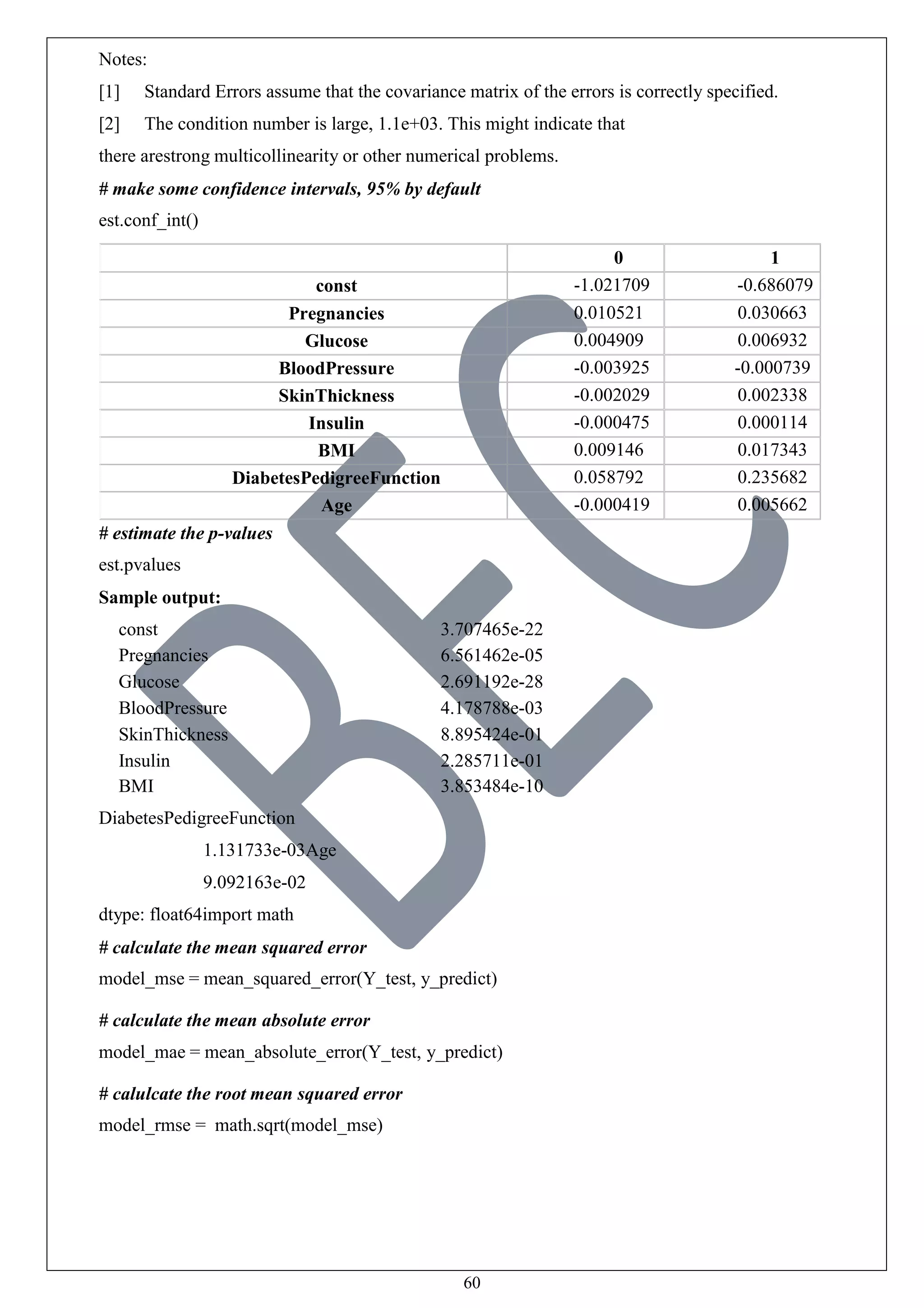 60
Notes:
[1] Standard Errors assume that the covariance matrix of the errors is correctly specified.
[2] The condition number is large, 1.1e+03. This might indicate that
there arestrong multicollinearity or other numerical problems.
# make some confidence intervals, 95% by default
est.conf_int()
0 1
const -1.021709 -0.686079
Pregnancies 0.010521 0.030663
Glucose 0.004909 0.006932
BloodPressure -0.003925 -0.000739
SkinThickness -0.002029 0.002338
Insulin -0.000475 0.000114
BMI 0.009146 0.017343
DiabetesPedigreeFunction 0.058792 0.235682
Age -0.000419 0.005662
# estimate the p-values
est.pvalues
Sample output:
const 3.707465e-22
Pregnancies 6.561462e-05
Glucose 2.691192e-28
BloodPressure 4.178788e-03
SkinThickness 8.895424e-01
Insulin 2.285711e-01
BMI 3.853484e-10
DiabetesPedigreeFunction
1.131733e-03Age
9.092163e-02
dtype: float64import math
# calculate the mean squared error
model_mse = mean_squared_error(Y_test, y_predict)
# calculate the mean absolute error
model_mae = mean_absolute_error(Y_test, y_predict)
# calulcate the root mean squared error
model_rmse = math.sqrt(model_mse)
 