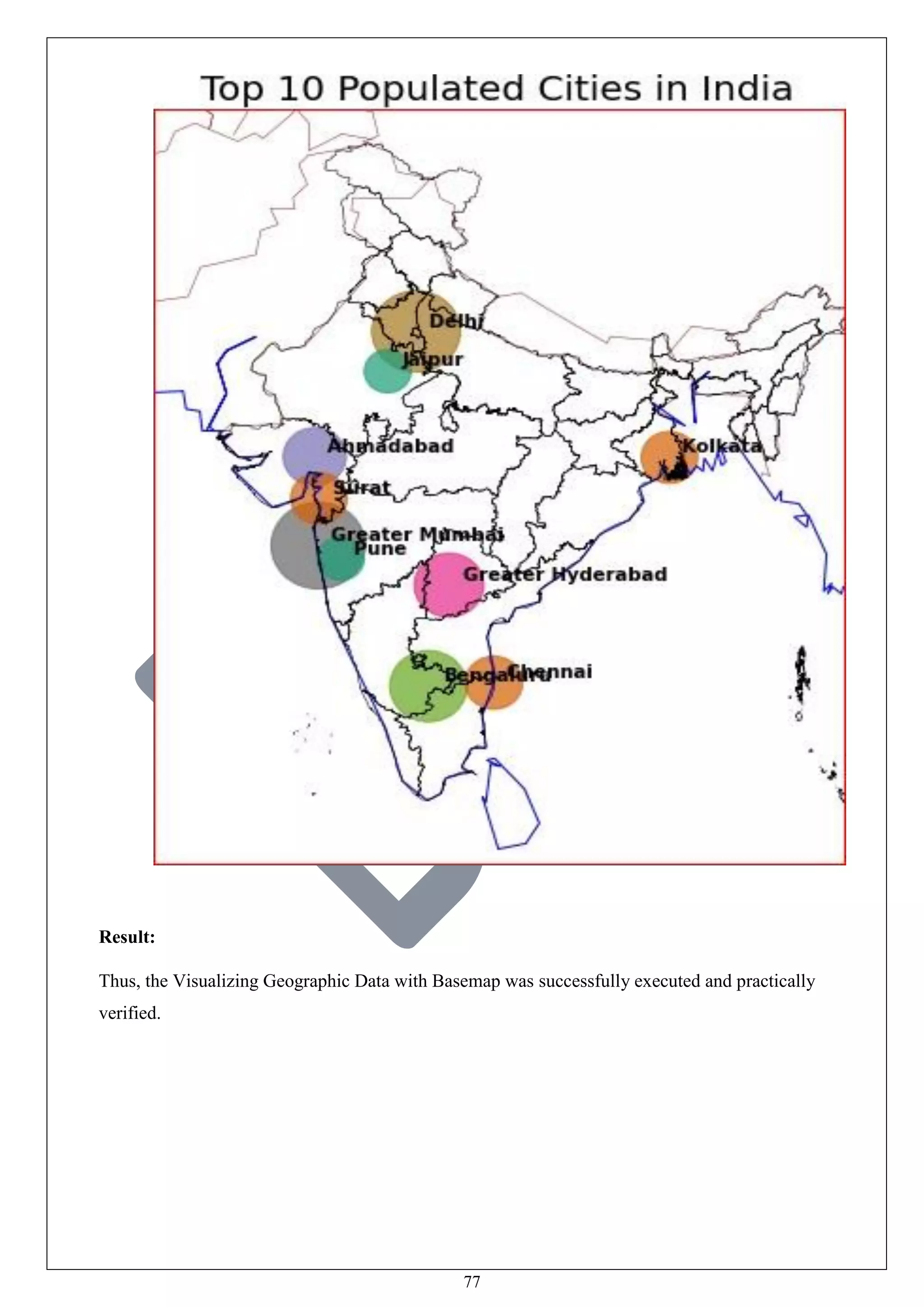 77
Result:
Thus, the Visualizing Geographic Data with Basemap was successfully executed and practically
verified.
 