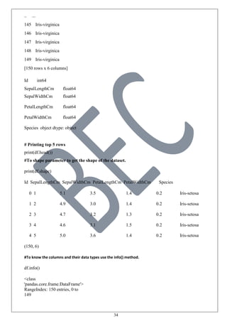 34
.. ...
145 Iris-virginica
146 Iris-virginica
147 Iris-virginica
148 Iris-virginica
149 Iris-virginica
[150 rows x 6 columns]
Id int64
SepalLengthCm float64
SepalWidthCm float64
PetalLengthCm float64
PetalWidthCm float64
Species object dtype: object
# Printing top 5 rows
print(df.head())
#To shape parameter to get the shape of the dataset.
print(df.shape)
Id SepalLengthCm SepalWidthCm PetalLengthCm PetalWidthCm Species
0 1 5.1 3.5 1.4 0.2 Iris-setosa
1 2 4.9 3.0 1.4 0.2 Iris-setosa
2 3 4.7 3.2 1.3 0.2 Iris-setosa
3 4 4.6 3.1 1.5 0.2 Iris-setosa
4 5 5.0 3.6 1.4 0.2 Iris-setosa
(150, 6)
#To know the columns and their data types use the info() method.
df.info()
<class
'pandas.core.frame.DataFrame'>
RangeIndex: 150 entries, 0 to
149
 