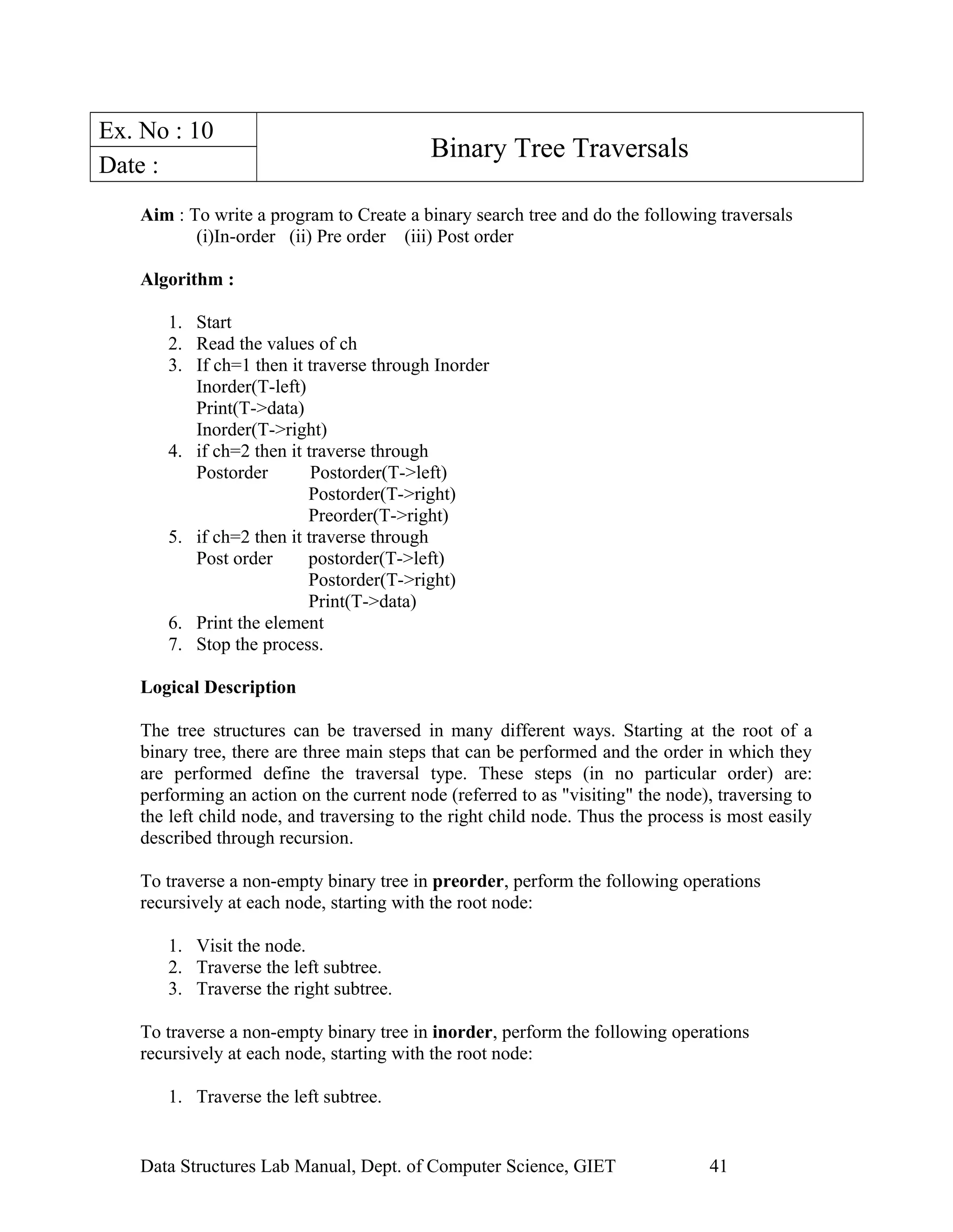 Ex. No : 10
Binary Tree Traversals
Date :
Aim : To write a program to Create a binary search tree and do the following traversals
(i)In-order (ii) Pre order (iii) Post order
Algorithm :
1. Start
2. Read the values of ch
3. If ch=1 then it traverse through Inorder
Inorder(T-left)
Print(T->data)
Inorder(T->right)
4. if ch=2 then it traverse through
Postorder Postorder(T->left)
Postorder(T->right)
Preorder(T->right)
5. if ch=2 then it traverse through
Post order postorder(T->left)
Postorder(T->right)
Print(T->data)
6. Print the element
7. Stop the process.
Logical Description
The tree structures can be traversed in many different ways. Starting at the root of a
binary tree, there are three main steps that can be performed and the order in which they
are performed define the traversal type. These steps (in no particular order) are:
performing an action on the current node (referred to as "visiting" the node), traversing to
the left child node, and traversing to the right child node. Thus the process is most easily
described through recursion.
To traverse a non-empty binary tree in preorder, perform the following operations
recursively at each node, starting with the root node:
1. Visit the node.
2. Traverse the left subtree.
3. Traverse the right subtree.
To traverse a non-empty binary tree in inorder, perform the following operations
recursively at each node, starting with the root node:
1. Traverse the left subtree.
Data Structures Lab Manual, Dept. of Computer Science, GIET 41
 