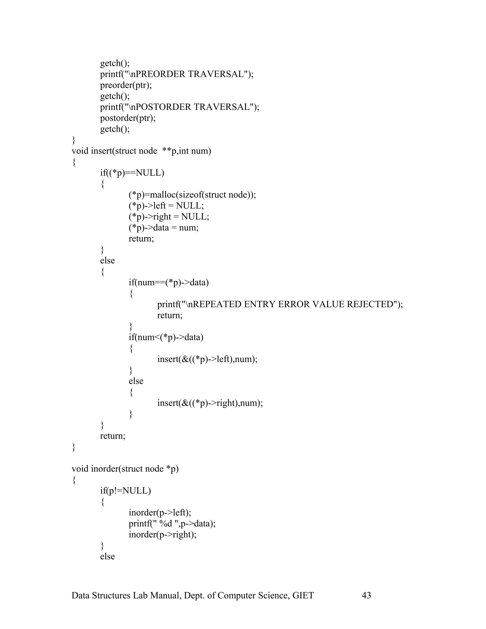 getch();
printf("nPREORDER TRAVERSAL");
preorder(ptr);
getch();
printf("nPOSTORDER TRAVERSAL");
postorder(ptr);
getch();
}
void insert(struct node **p,int num)
{
if((*p)==NULL)
{
(*p)=malloc(sizeof(struct node));
(*p)->left = NULL;
(*p)->right = NULL;
(*p)->data = num;
return;
}
else
{
if(num==(*p)->data)
{
printf("nREPEATED ENTRY ERROR VALUE REJECTED");
return;
}
if(num<(*p)->data)
{
insert(&((*p)->left),num);
}
else
{
insert(&((*p)->right),num);
}
}
return;
}
void inorder(struct node *p)
{
if(p!=NULL)
{
inorder(p->left);
printf(" %d ",p->data);
inorder(p->right);
}
else
Data Structures Lab Manual, Dept. of Computer Science, GIET 43
 