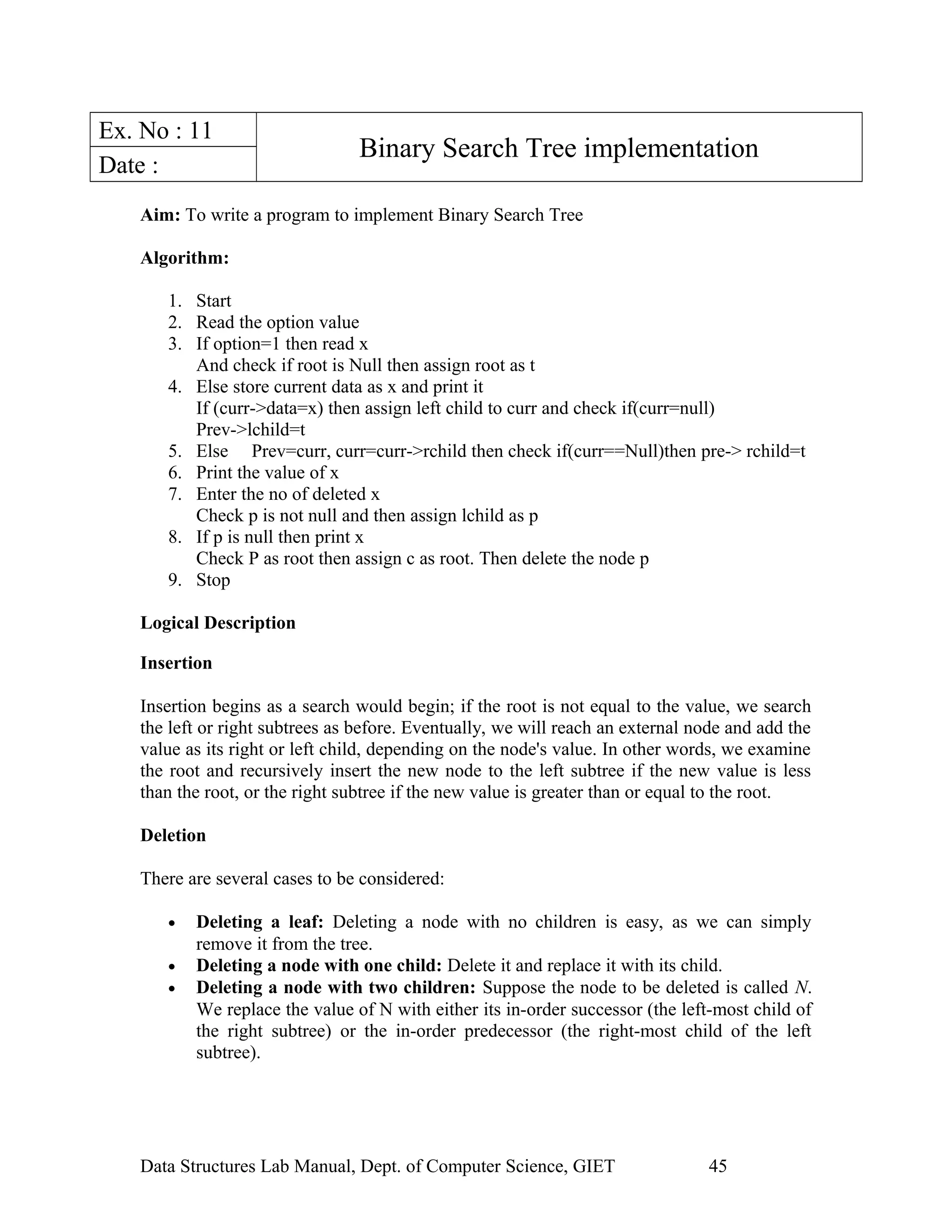 Ex. No : 11
Binary Search Tree implementation
Date :
Aim: To write a program to implement Binary Search Tree
Algorithm:
1. Start
2. Read the option value
3. If option=1 then read x
And check if root is Null then assign root as t
4. Else store current data as x and print it
If (curr->data=x) then assign left child to curr and check if(curr=null)
Prev->lchild=t
5. Else Prev=curr, curr=curr->rchild then check if(curr==Null)then pre-> rchild=t
6. Print the value of x
7. Enter the no of deleted x
Check p is not null and then assign lchild as p
8. If p is null then print x
Check P as root then assign c as root. Then delete the node p
9. Stop
Logical Description
Insertion
Insertion begins as a search would begin; if the root is not equal to the value, we search
the left or right subtrees as before. Eventually, we will reach an external node and add the
value as its right or left child, depending on the node's value. In other words, we examine
the root and recursively insert the new node to the left subtree if the new value is less
than the root, or the right subtree if the new value is greater than or equal to the root.
Deletion
There are several cases to be considered:
• Deleting a leaf: Deleting a node with no children is easy, as we can simply
remove it from the tree.
• Deleting a node with one child: Delete it and replace it with its child.
• Deleting a node with two children: Suppose the node to be deleted is called N.
We replace the value of N with either its in-order successor (the left-most child of
the right subtree) or the in-order predecessor (the right-most child of the left
subtree).
Data Structures Lab Manual, Dept. of Computer Science, GIET 45
 