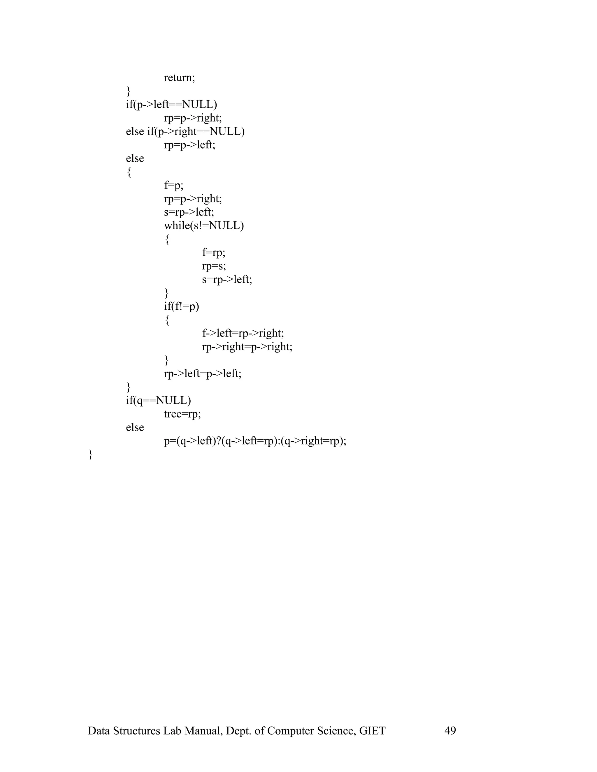 return;
}
if(p->left==NULL)
rp=p->right;
else if(p->right==NULL)
rp=p->left;
else
{
f=p;
rp=p->right;
s=rp->left;
while(s!=NULL)
{
f=rp;
rp=s;
s=rp->left;
}
if(f!=p)
{
f->left=rp->right;
rp->right=p->right;
}
rp->left=p->left;
}
if(q==NULL)
tree=rp;
else
p=(q->left)?(q->left=rp):(q->right=rp);
}
Data Structures Lab Manual, Dept. of Computer Science, GIET 49
 