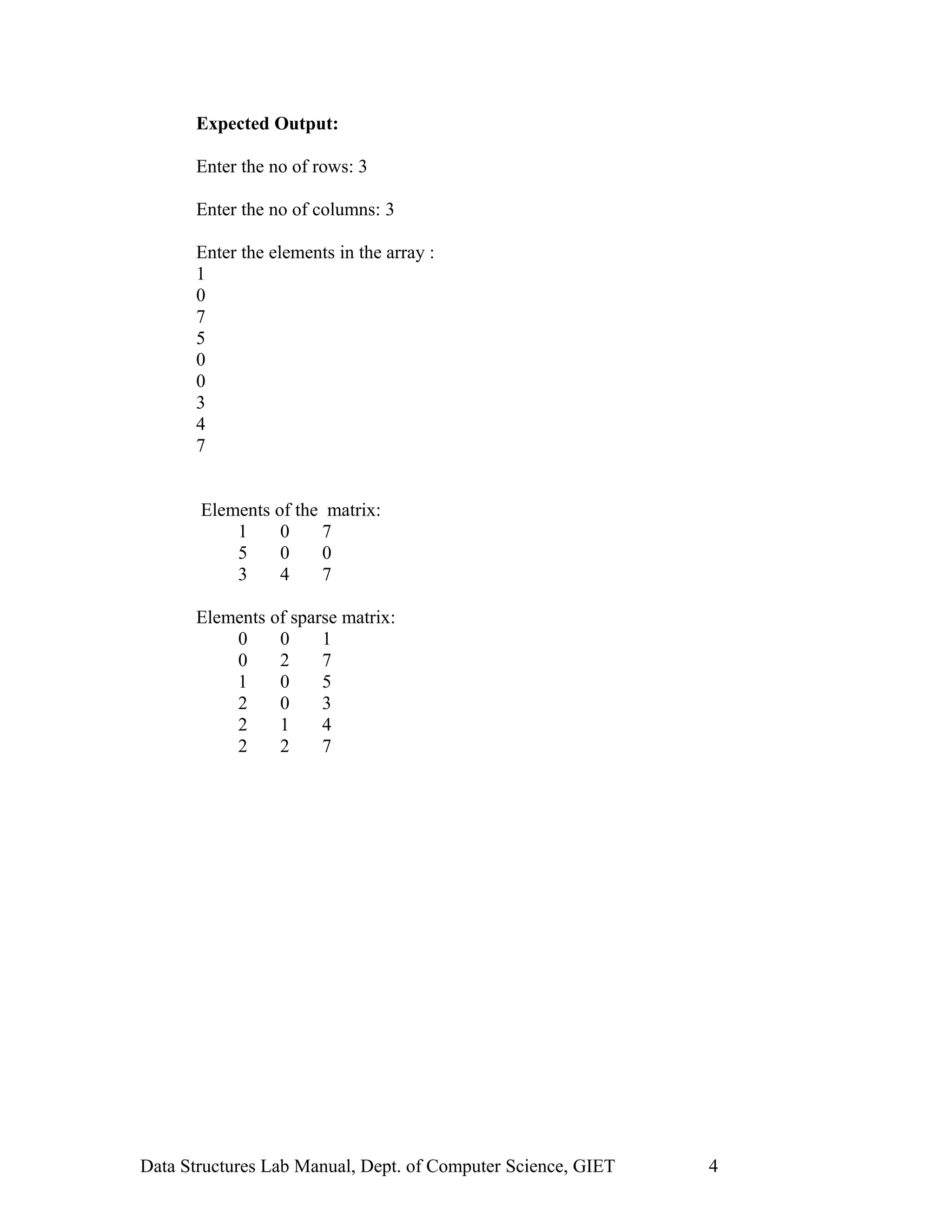 Expected Output:
Enter the no of rows: 3
Enter the no of columns: 3
Enter the elements in the array :
1
0
7
5
0
0
3
4
7
Elements of the matrix:
1 0 7
5 0 0
3 4 7
Elements of sparse matrix:
0 0 1
0 2 7
1 0 5
2 0 3
2 1 4
2 2 7
Data Structures Lab Manual, Dept. of Computer Science, GIET 4
 