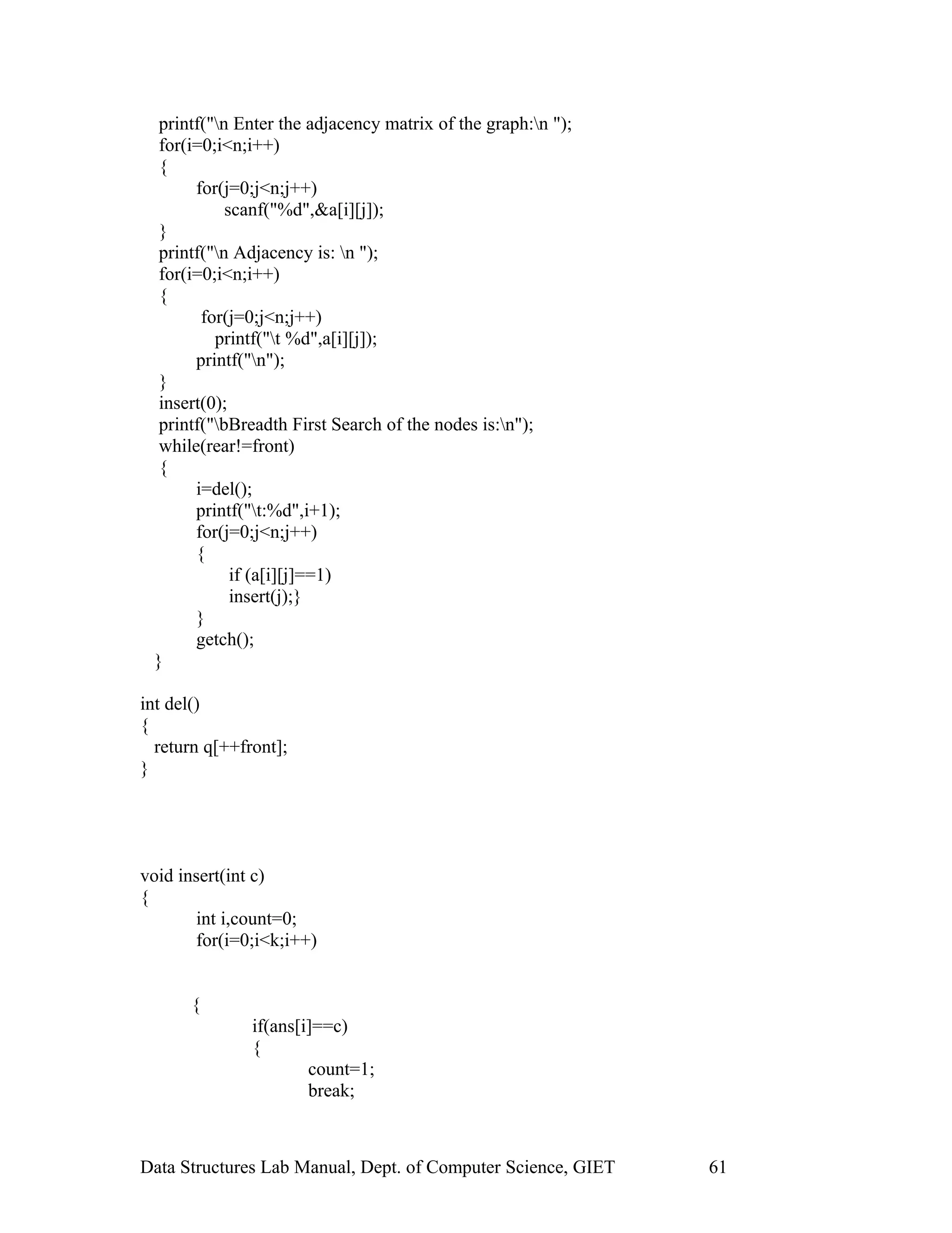 printf("n Enter the adjacency matrix of the graph:n ");
for(i=0;i<n;i++)
{
for(j=0;j<n;j++)
scanf("%d",&a[i][j]);
}
printf("n Adjacency is: n ");
for(i=0;i<n;i++)
{
for(j=0;j<n;j++)
printf("t %d",a[i][j]);
printf("n");
}
insert(0);
printf("bBreadth First Search of the nodes is:n");
while(rear!=front)
{
i=del();
printf("t:%d",i+1);
for(j=0;j<n;j++)
{
if (a[i][j]==1)
insert(j);}
}
getch();
}
int del()
{
return q[++front];
}
void insert(int c)
{
int i,count=0;
for(i=0;i<k;i++)
{
if(ans[i]==c)
{
count=1;
break;
Data Structures Lab Manual, Dept. of Computer Science, GIET 61
 