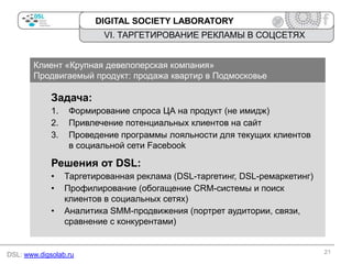 DIGITAL SOCIETY LABORATORY

VI. ТАРГЕТИРОВАНИЕ РЕКЛАМЫ В СОЦСЕТЯХ
Клиент «Крупная девелоперская компания»
Продвигаемый продукт: продажа квартир в Подмосковье

Задача:
1.
2.
3.

Формирование спроса ЦА на продукт (не имидж)
Привлечение потенциальных клиентов на сайт
Проведение программы лояльности для текущих клиентов
в социальной сети Facebook

Решения от DSL:
•
•
•

Таргетированная реклама (DSL-таргетинг, DSL-ремаркетинг)
Профилирование (обогащение CRM-системы и поиск
клиентов в социальных сетях)
Аналитика SMM-продвижения (портрет аудитории, связи,
сравнение с конкурентами)

DSL: www.digsolab.ru

21

 