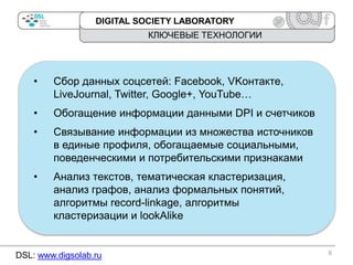 DIGITAL SOCIETY LABORATORY

КЛЮЧЕВЫЕ ТЕХНОЛОГИИ

•

Сбор данных соцсетей: Facebook, VKонтакте,
LiveJournal, Twitter, Google+, YouTube…

•

Обогащение информации данными DPI и счетчиков

•

Связывание информации из множества источников
в единые профиля, обогащаемые социальными,
поведенческими и потребительскими признаками

•

Анализ текстов, тематическая кластеризация,
анализ графов, анализ формальных понятий,
алгоритмы record-linkage, алгоритмы
кластеризации и lookAlike

DSL: www.digsolab.ru

6

 