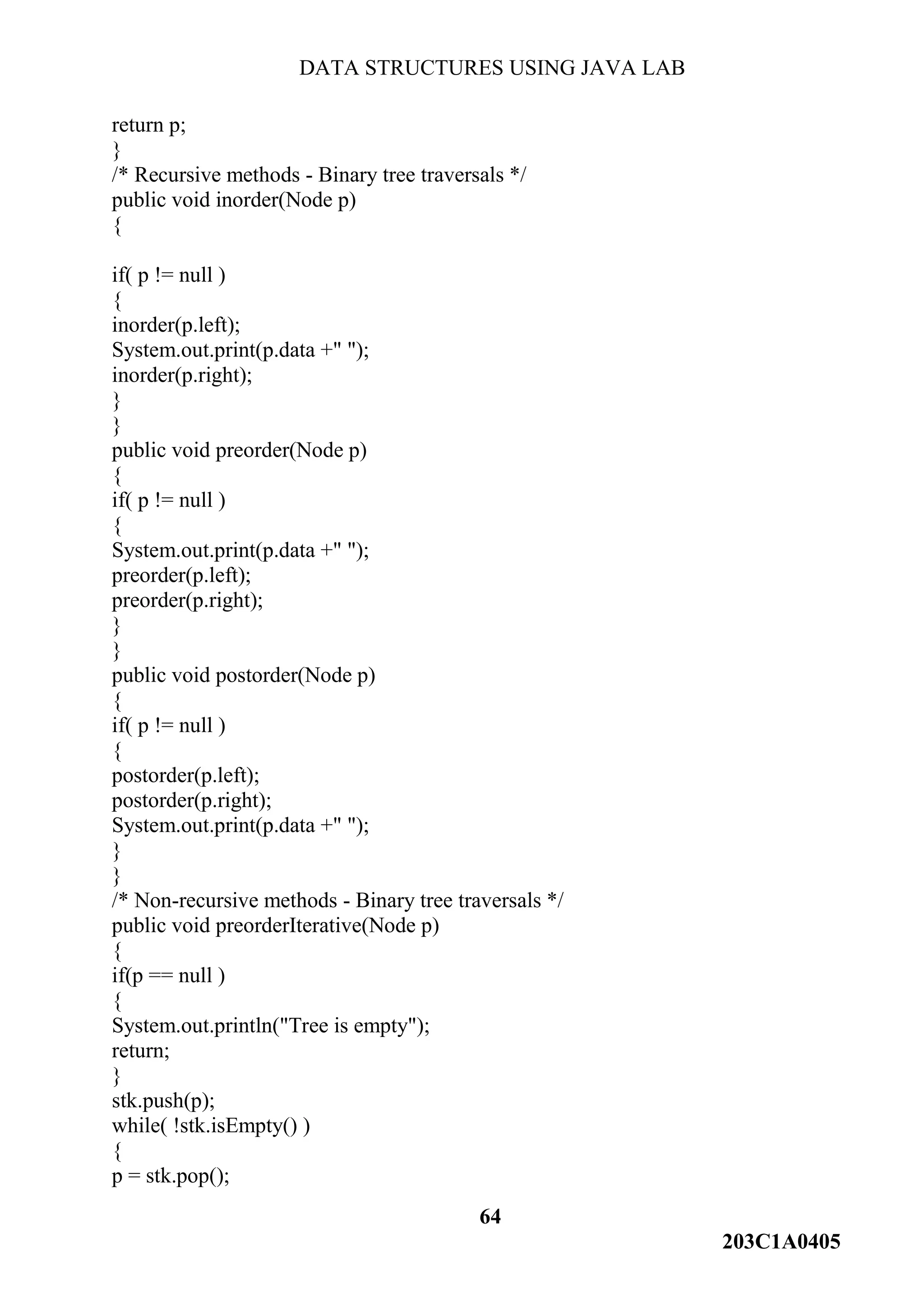DATA STRUCTURES USING JAVA LAB
64
203C1A0405
return p;
}
/* Recursive methods - Binary tree traversals */
public void inorder(Node p)
{
if( p != null )
{
inorder(p.left);
System.out.print(p.data +" ");
inorder(p.right);
}
}
public void preorder(Node p)
{
if( p != null )
{
System.out.print(p.data +" ");
preorder(p.left);
preorder(p.right);
}
}
public void postorder(Node p)
{
if( p != null )
{
postorder(p.left);
postorder(p.right);
System.out.print(p.data +" ");
}
}
/* Non-recursive methods - Binary tree traversals */
public void preorderIterative(Node p)
{
if(p == null )
{
System.out.println("Tree is empty");
return;
}
stk.push(p);
while( !stk.isEmpty() )
{
p = stk.pop();
 