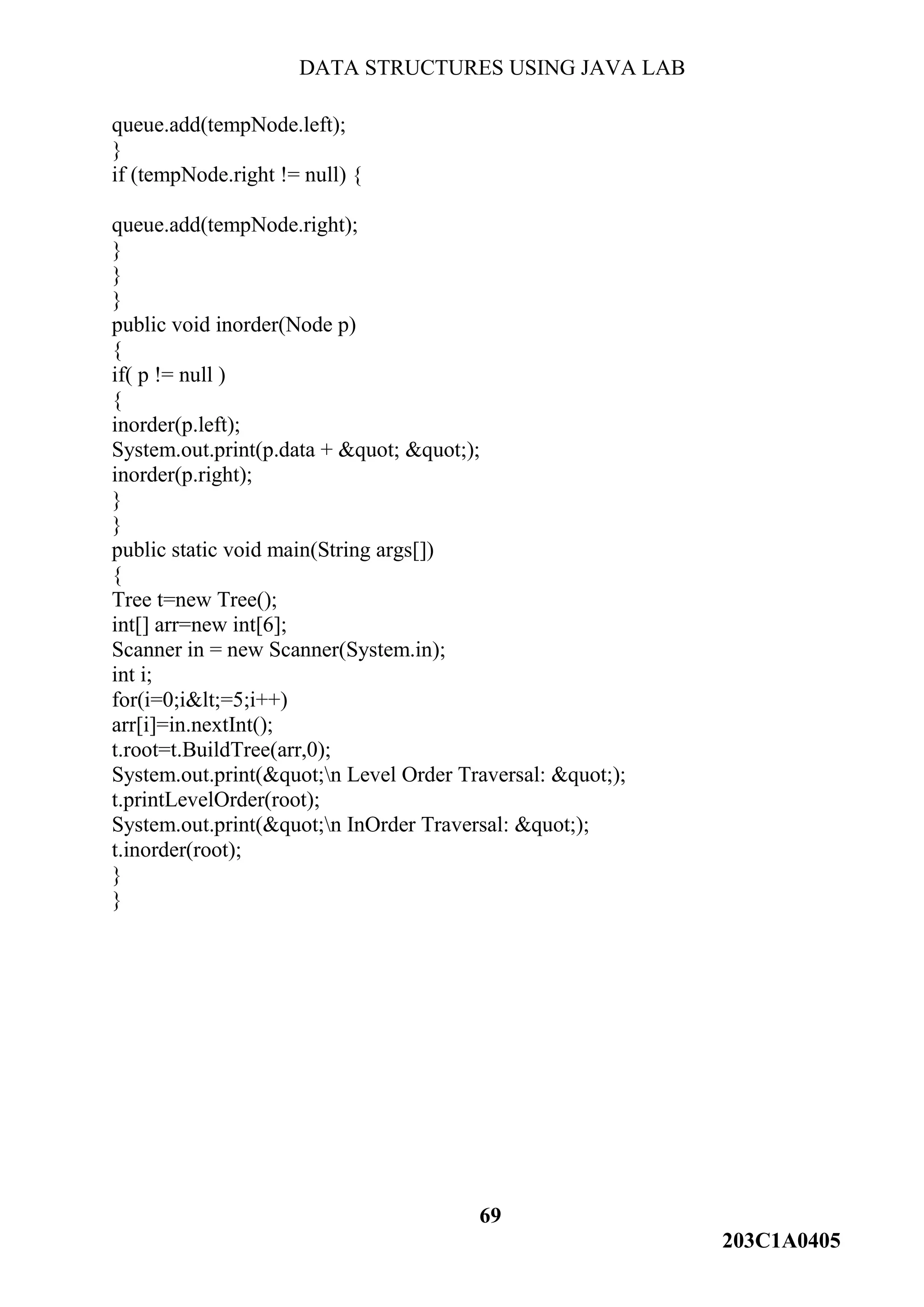 DATA STRUCTURES USING JAVA LAB
69
203C1A0405
queue.add(tempNode.left);
}
if (tempNode.right != null) {
queue.add(tempNode.right);
}
}
}
public void inorder(Node p)
{
if( p != null )
{
inorder(p.left);
System.out.print(p.data + &quot; &quot;);
inorder(p.right);
}
}
public static void main(String args[])
{
Tree t=new Tree();
int[] arr=new int[6];
Scanner in = new Scanner(System.in);
int i;
for(i=0;i&lt;=5;i++)
arr[i]=in.nextInt();
t.root=t.BuildTree(arr,0);
System.out.print(&quot;n Level Order Traversal: &quot;);
t.printLevelOrder(root);
System.out.print(&quot;n InOrder Traversal: &quot;);
t.inorder(root);
}
}
 