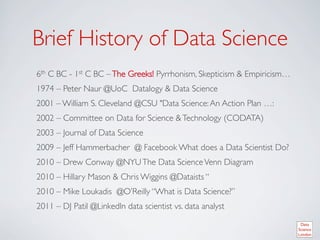 Brief History of Data Science	

6th C BC - 1st C BC – The Greeks! Pyrrhonism, Skepticism  Empiricism… 	

1974 – Peter Naur @UoC Datalogy  Data Science	

2001 – William S. Cleveland @CSU Data Science: An Action Plan …: 	

2002 – Committee on Data for Science  Technology (CODATA) 	

2003 – Journal of Data Science 	

2009 – Jeff Hammerbacher @ Facebook What does a Data Scientist Do? 	

2010 – Drew Conway @NYU The Data Science Venn Diagram	

2010 – Hillary Mason  Chris Wiggins @Dataists “	

2010 – Mike Loukadis @O’Reilly “What is Data Science?” 	

2011 – DJ Patil @LinkedIn data scientist vs. data analyst 	

 