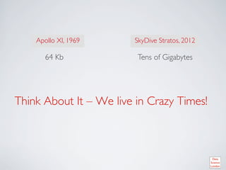 Apollo XI, 1969	

    SkyDive Stratos, 2012	


       64 Kb	

            Tens of Gigabytes	





Think About It – We live in Crazy Times!	

 