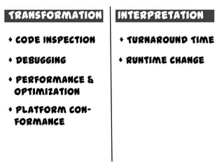 Transformation      Interpretation

+ Code Inspection   + Turnaround Time

+ Debugging         + Runtime Change
+ Performance &
  Optimization
+ Platform Con-
  formance
 
