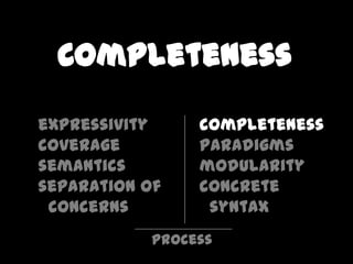 Completeness
expressivity     completeness
coverage         paradigms
semantics        modularity
separation of    concrete
 concerns         syntax
            process
 
