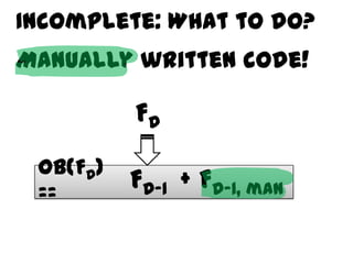 Incomplete: What to do?
Manually written code!

          FD
 OB(FD)
 ==
          FD-1 + FD-1, man
 