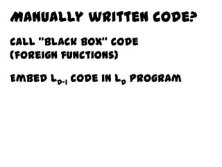 Manually written code?
Call “black box” code
(foreign functions)

Embed LD-1 code in LD program
 