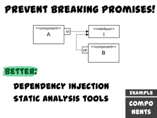 Prevent Breaking Promises!




Better:
 Dependency Injection
                         Example
 Static analysis tools   Compo
                          nents
 