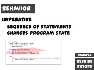 Behavior
Imperative
  sequence of statements
  changes program state



                           Example

                           Refrige
                           rators
 