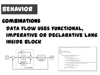 Behavior
Combinations
 data flow uses functional,
 imperative or declarative lang
 inside block
 