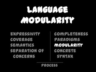 Language
   Modularity
expressivity     completeness
coverage         paradigms
semantics        modularity
separation of    concrete
 concerns         syntax
            process
 