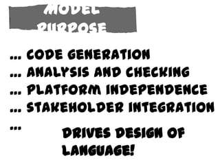Model
   Purpose
… code generation
… analysis and checking
… platform independence
… stakeholder integration
…
      drives design of
      language!
 