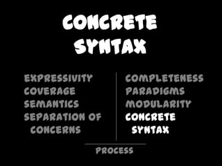 Concrete
       Syntax
expressivity     completeness
coverage         paradigms
semantics        modularity
separation of    concrete
 concerns         syntax
            process
 