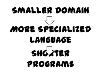 Smaller Domain

More Specialized
   Language
    Shorter
   Programs
 