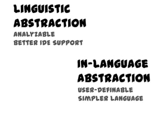 Linguistic
Abstraction
Analyzable
Better IDE Support


                In-Language
                Abstraction
                User-Definable
                Simpler Language
 