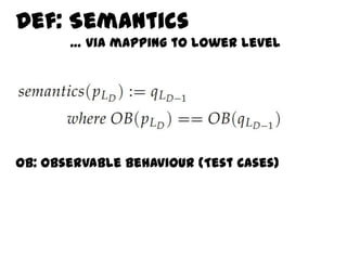 Def: Semantics
       … via mapping to lower level




OB: Observable Behaviour (Test Cases)
 