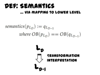 Def: Semantics
    … via mapping to lower level




           LD
                 Transformation
                 Interpretation
          LD-1
 