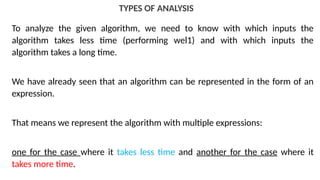 TYPES OF ANALYSIS
To analyze the given algorithm, we need to know with which inputs the
algorithm takes less time (performing wel1) and with which inputs the
algorithm takes a long time.
We have already seen that an algorithm can be represented in the form of an
expression.
That means we represent the algorithm with multiple expressions:
one for the case where it takes less time and another for the case where it
takes more time.
 