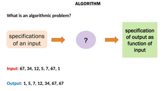 ALGORITHM
What is an algorithmic problem?
specifications
of an input ?
specification
of output as
function of
input
Input: 67, 34, 12, 5, 7, 67, 1
Output: 1, 5, 7, 12, 34, 67, 67
 