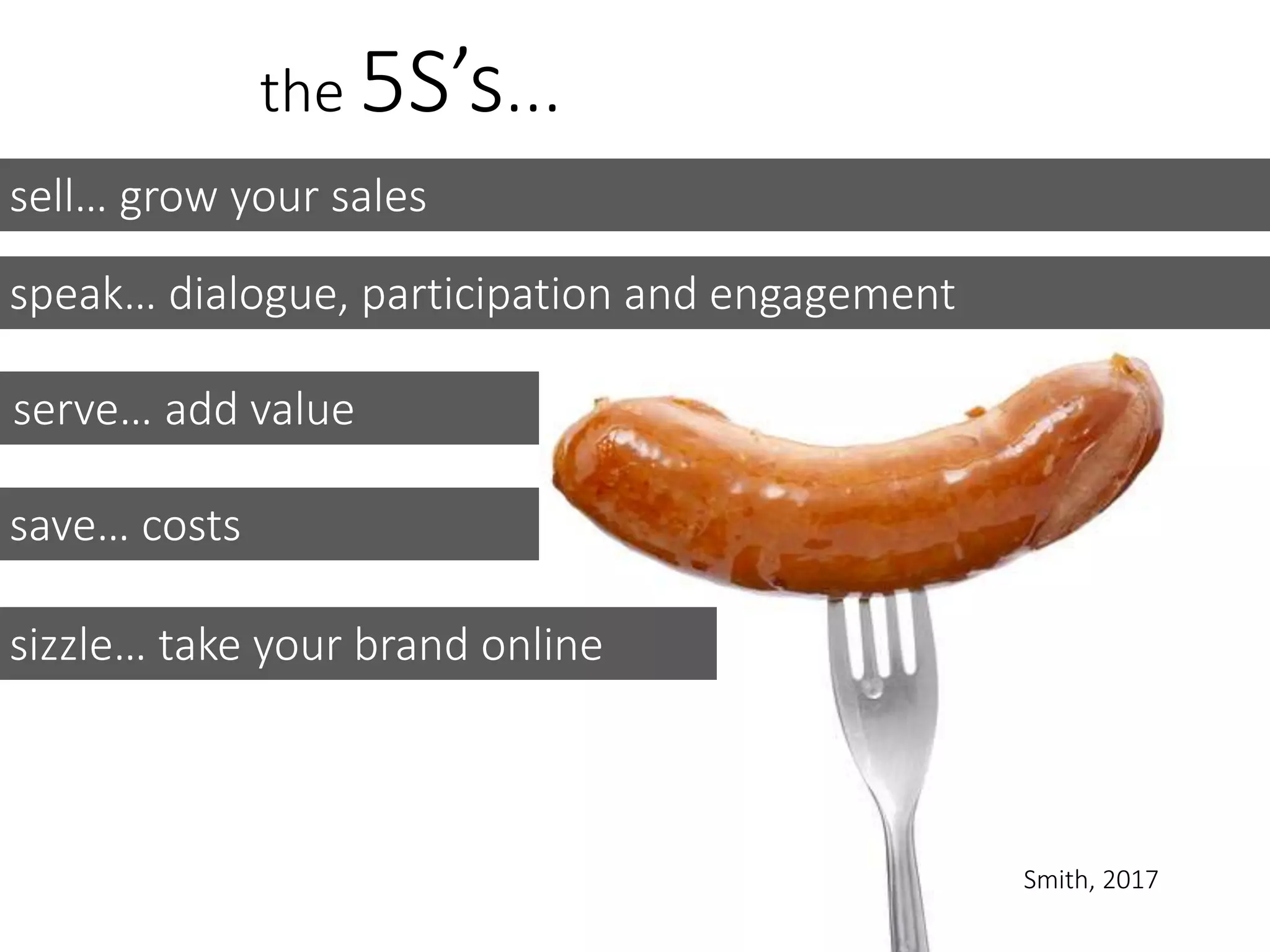 the 5S’s...
sell… grow your sales
speak… dialogue, participation and engagement
serve… add value
save… costs
sizzle… take your brand online
Smith, 2017
 