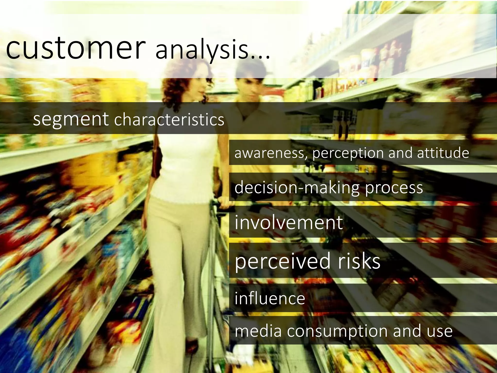customer analysis...
segment characteristics
decision-making process
involvement
perceived risks
awareness, perception and attitude
influence
media consumption and use
 