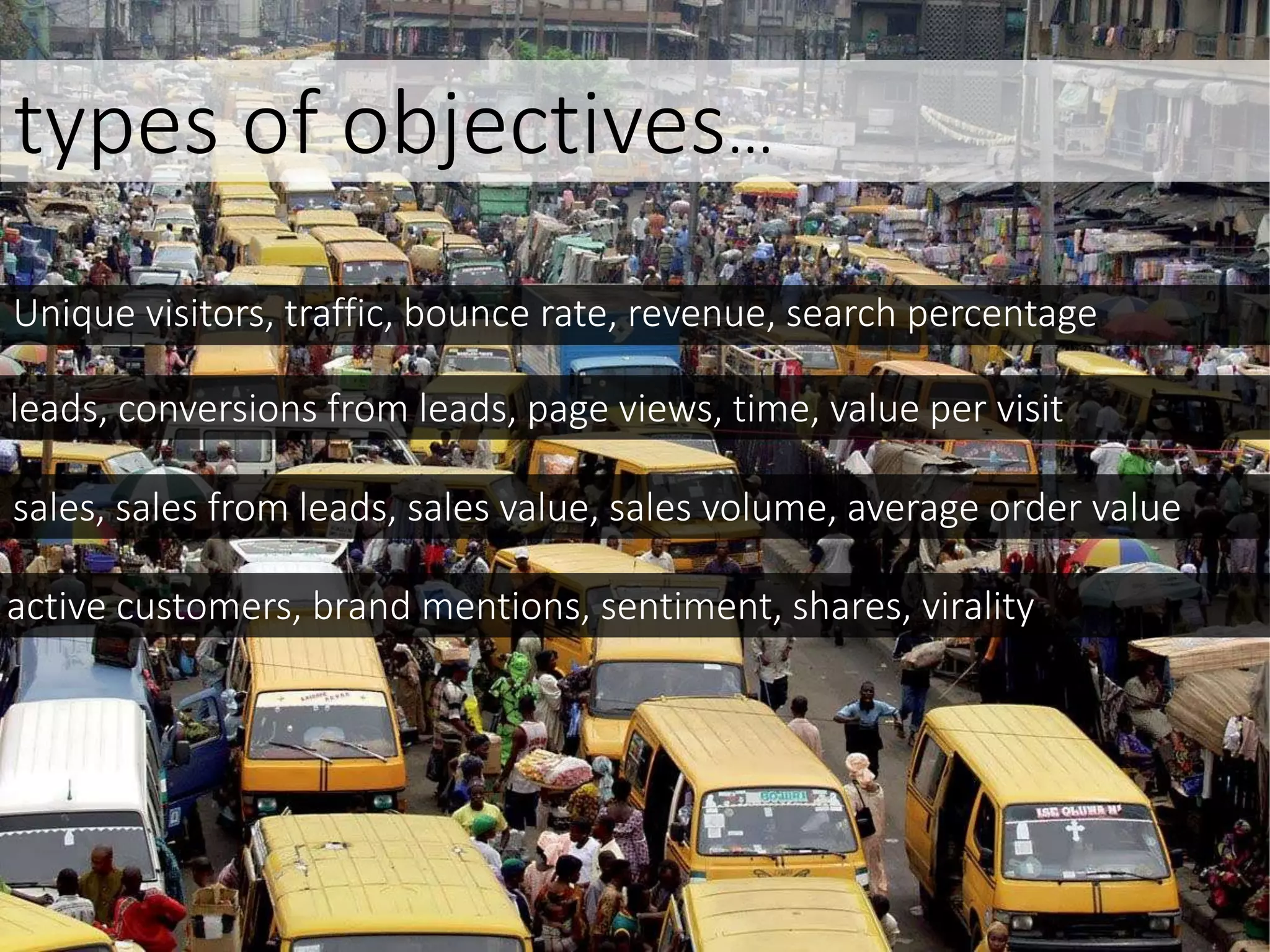 types of objectives…
Unique visitors, traffic, bounce rate, revenue, search percentage
leads, conversions from leads, page views, time, value per visit
sales, sales from leads, sales value, sales volume, average order value
active customers, brand mentions, sentiment, shares, virality
 