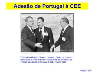 Adesão de Portugal à CEEO Primeiro-Ministro Soares, Jacques Delors e Lorenzo Natali junto à Torre de Belém, pouco antes da assinatura do Tratado de Adesão de Portugal à CEE. 12 JUN. 1985CDEUC - 2008