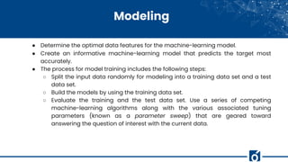 Modeling
● Determine the optimal data features for the machine-learning model.
● Create an informative machine-learning model that predicts the target most
accurately.
● The process for model training includes the following steps:
○ Split the input data randomly for modeling into a training data set and a test
data set.
○ Build the models by using the training data set.
○ Evaluate the training and the test data set. Use a series of competing
machine-learning algorithms along with the various associated tuning
parameters (known as a parameter sweep) that are geared toward
answering the question of interest with the current data.
 