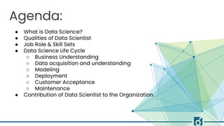 Agenda:
● What is Data Science?
● Qualities of Data Scientist
● Job Role & Skill Sets
● Data Science Life Cycle
○ Business Understanding
○ Data acquisition and understanding
○ Modeling
○ Deployment
○ Customer Acceptance
○ Maintenance
● Contribution of Data Scientist to the Organization.
 