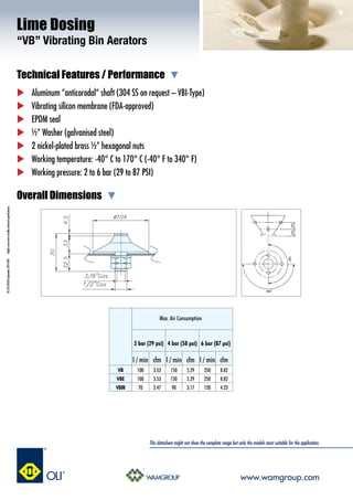 Technical Features / Performance
DS.210.VB.EN.September2014.R01Rightsreservedtomodifytechnicalspecifications.
Overall Dimensions
Lime Dosing
“VB” Vibrating Bin Aerators
	 Aluminum “anticorodal“ shaft (304 SS on request – VBI-Type)
	 Vibrating silicon membrane (FDA-approved)
	 EPDM seal
	 ½” Washer (galvanised steel)
	 2 nickel-plated brass ½” hexagonal nuts
	 Working temperature: -40° C to 170° C (-40° F to 340° F)
	 Working pressure: 2 to 6 bar (29 to 87 PSI)
l / min cfm l / min cfm l / min cfm
VB 100 3.53 150 5.29 250 8.82
VBE 100 3.53 150 5.29 250 8.82
VBM 70 2.47 90 3.17 120 4.23
2 bar (29 psi) 4 bar (58 psi)
Max. Air Consumption
6 bar (87 psi)
www.wamgroup.com
This datasheet might not show the complete range but only the models most suitable for the application.
 