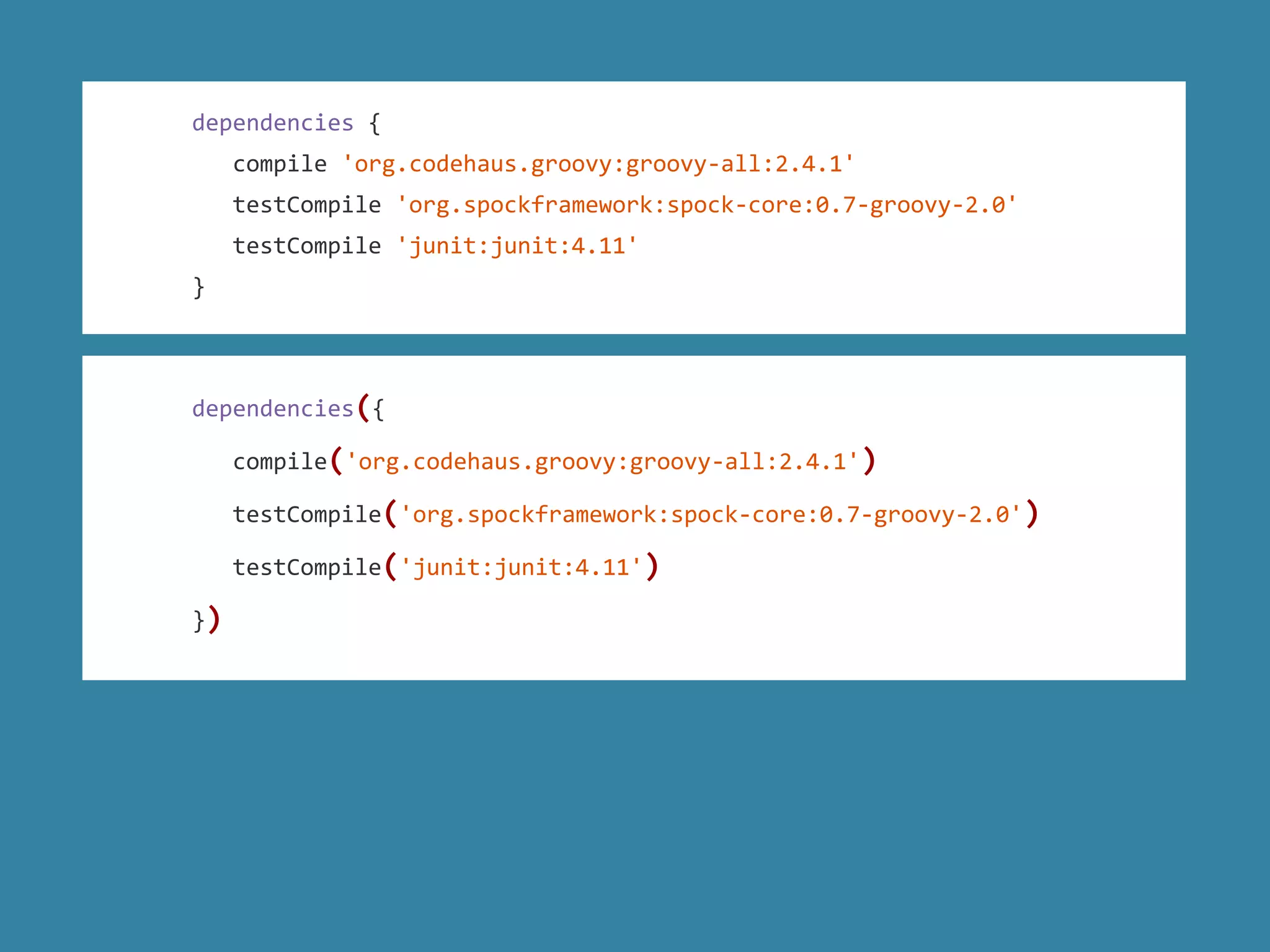 dependencies {
compile 'org.codehaus.groovy:groovy-all:2.4.1'
testCompile 'org.spockframework:spock-core:0.7-groovy-2.0'
testCompile 'junit:junit:4.11'
}
dependencies({
compile('org.codehaus.groovy:groovy-all:2.4.1')
testCompile('org.spockframework:spock-core:0.7-groovy-2.0')
testCompile('junit:junit:4.11')
})
 