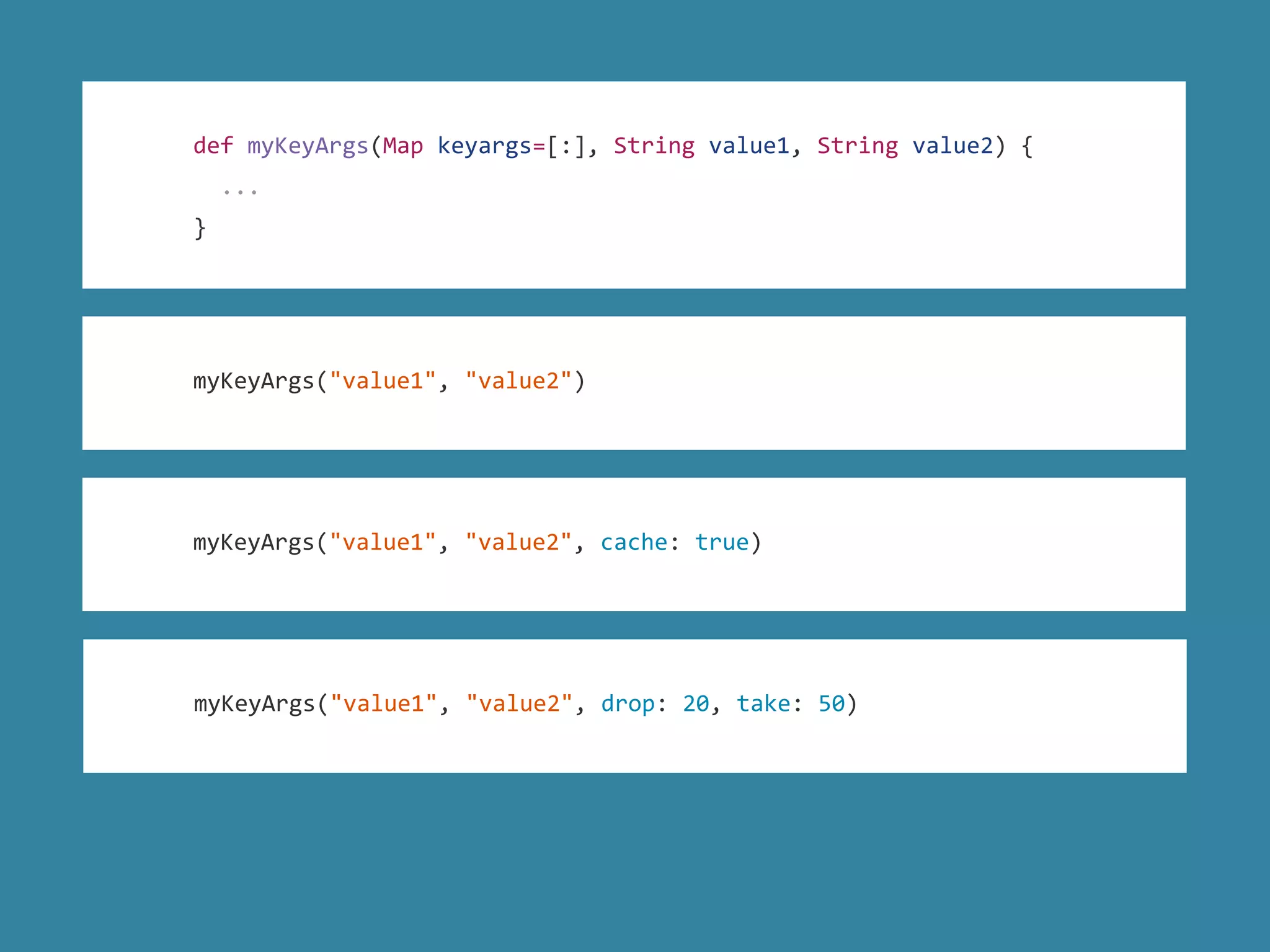 def myKeyArgs(Map keyargs=[:], String value1, String value2) {
...
}
myKeyArgs("value1", "value2")
myKeyArgs("value1", "value2", cache: true)
myKeyArgs("value1", "value2", drop: 20, take: 50)
 