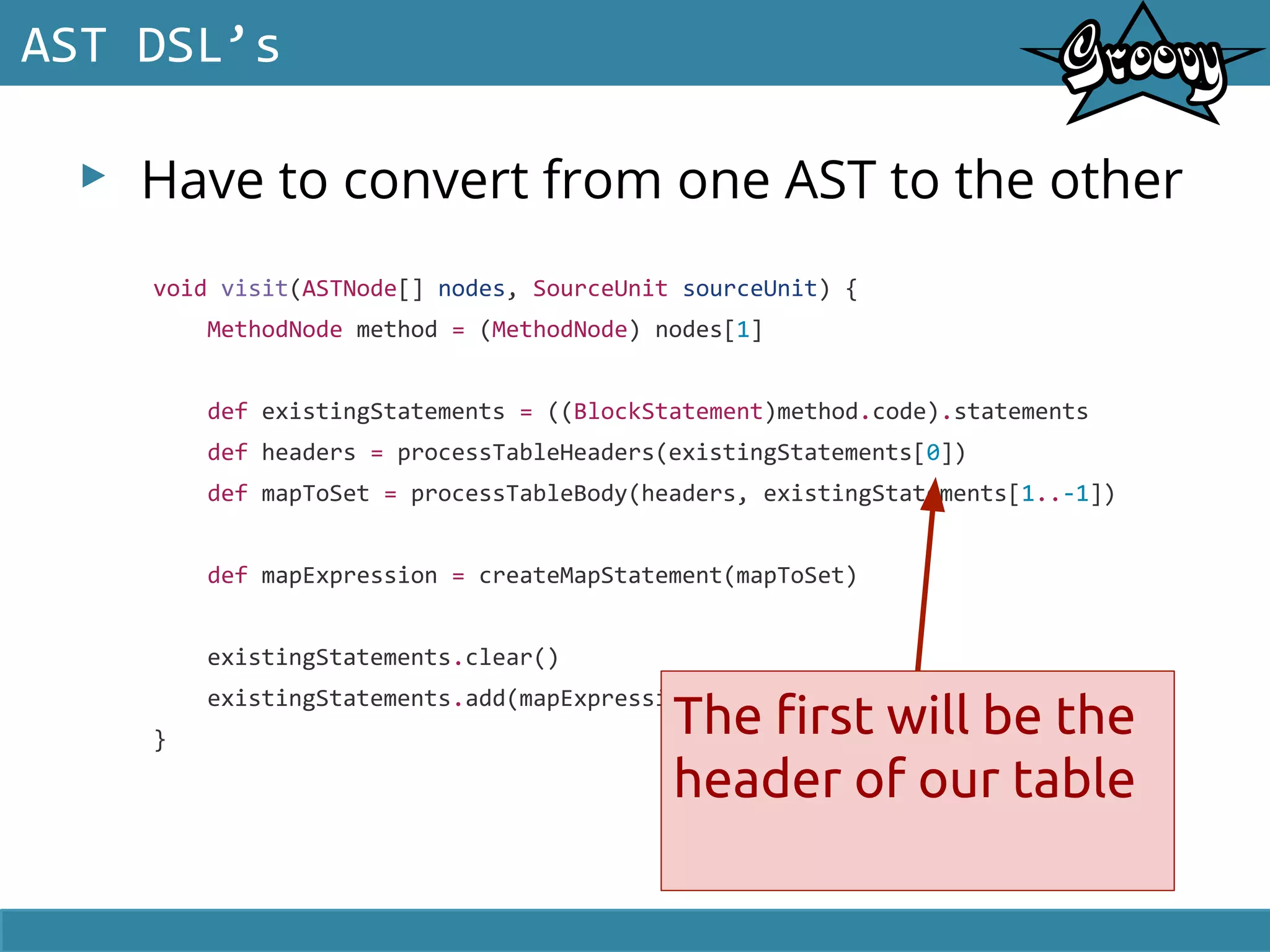 ▸ Have to convert from one AST to the other
AST DSL’s
void visit(ASTNode[] nodes, SourceUnit sourceUnit) {
MethodNode method = (MethodNode) nodes[1]
def existingStatements = ((BlockStatement)method.code).statements
def headers = processTableHeaders(existingStatements[0])
def mapToSet = processTableBody(headers, existingStatements[1..-1])
def mapExpression = createMapStatement(mapToSet)
existingStatements.clear()
existingStatements.add(mapExpression)
}
The first will be the
header of our table
 